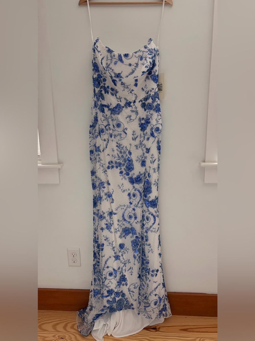 Strapless Blue and White Floral Beaded Gown